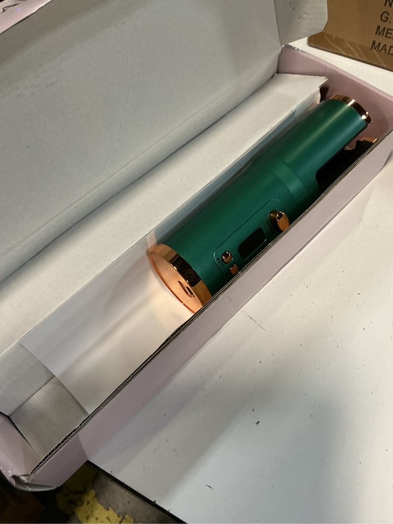 Condition photo showing As Is for (the color is green)jinri automatic rotating curling iron-beach waves curling wand, pumped-up volume, portable hair curler, 500 million ionic, dual voltage & lightweight for travel, ceramic coating, 1 inch, white