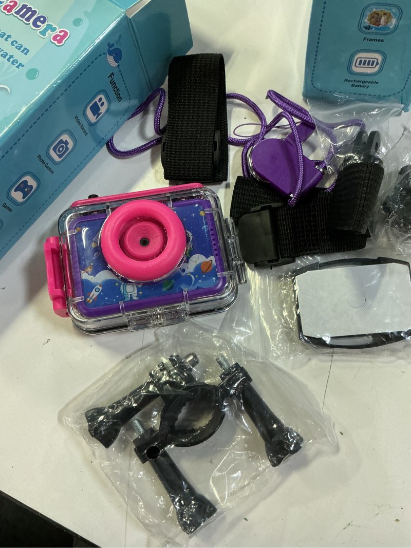 Condition photo showing As Is for pool toy & kids underwater camera - 99ft waterproof kid action camera 1080p video&20mp photo with flip lens, includes 32gb card for diving swimming beach snorkeling,birthday gift for girls - gktz dark purple