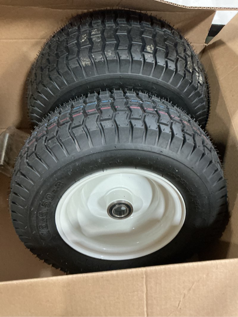 Condition photo showing Good Condition for new air filled lawn mower tires on whee greased bushing turf tire pneumatic 4pr with tube for garden mowers tractors (2 pack) 16x16.50-8)
