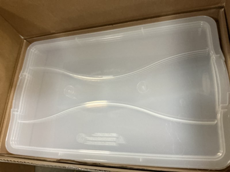 Condition photo showing As Is for Rubbermaid Cleverstore 42 Quart Stackable Plastic Storage Bin with Lids for Garage, Closet, and Classroom, Clear, 4 Pack 42 Qt - 4 Pack