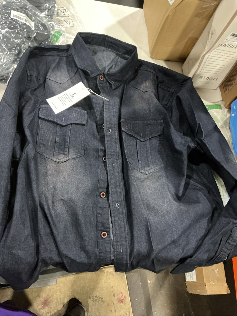 Condition photo showing Good Condition for kissonic mens denim shirt long sleeve slim fit jean shirt for men button down causal striped denim shirts navy large