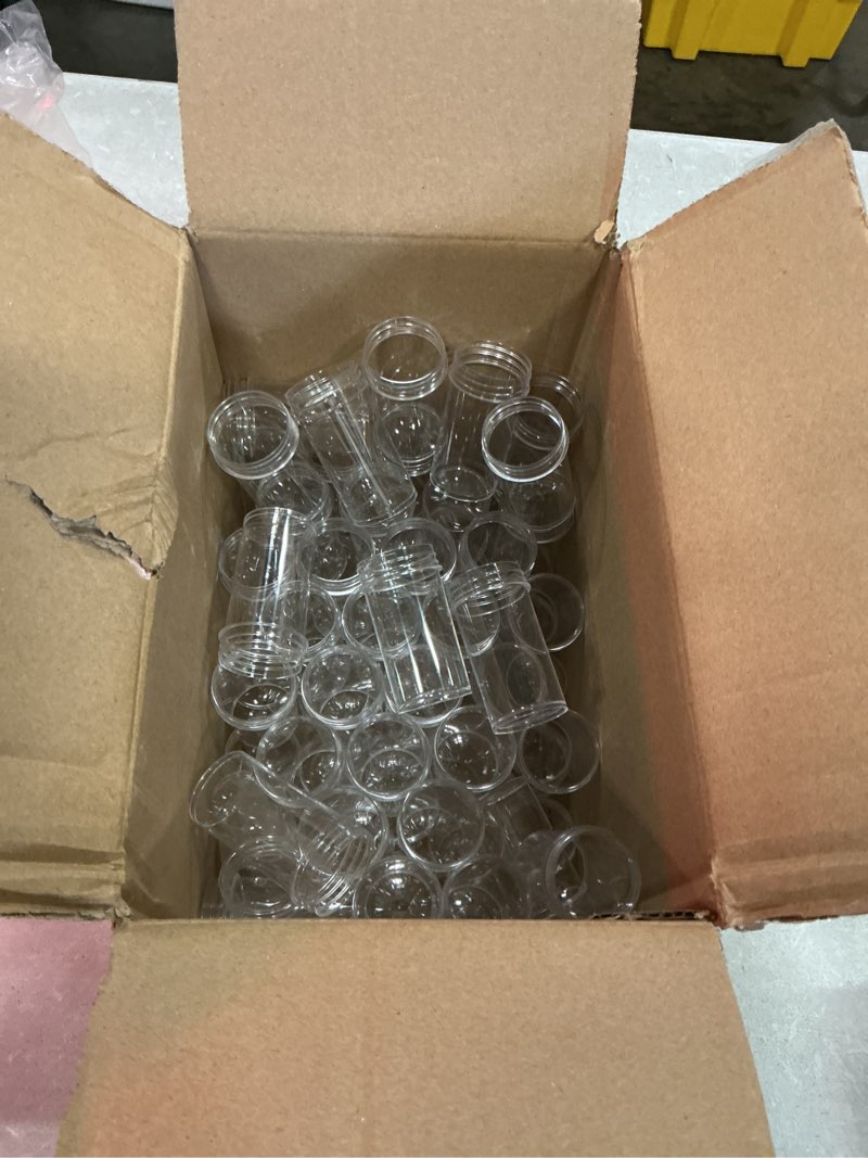 Condition photo showing As Is for 80 pack mini plastic spice jars with white caps 1 oz clear spice bottles with sifters small seasonin
