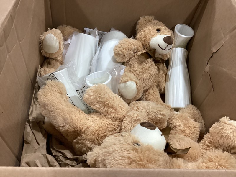 Condition photo showing As Is for 6 sets 123 pcs bear baby shower table centerpieces dried pampas decor bear stuffed ceramic look plastic vase with bow for boho wedding bridal shower flowers table decorations(brown,neutral)