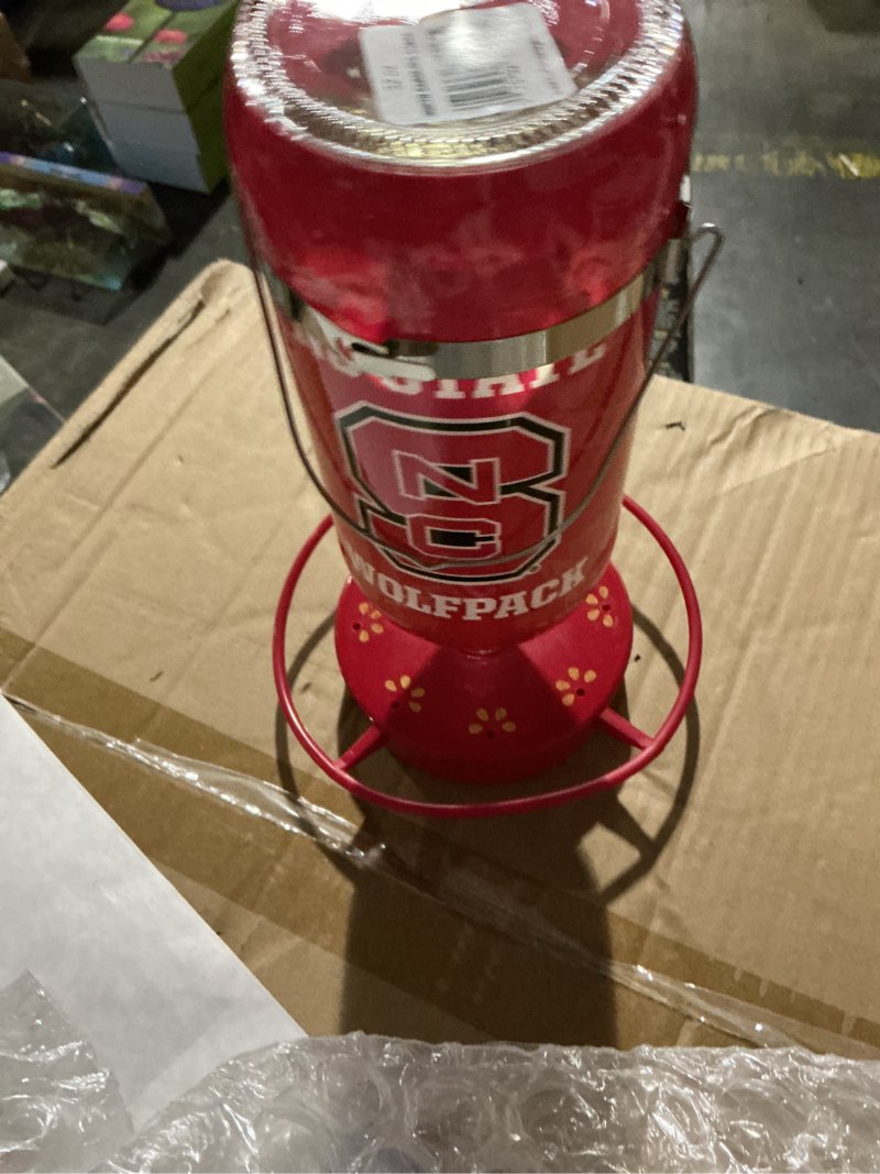 Condition photo showing New/Like New for Hummers Galore ? Hanging Glass Hummingbird Feeder  NCAA North Carolina State University Wolfpack Design  for Outdoors  Backyard  Patio  and Garden  8 Feeding Stations  Red Base & Perch  32 Oz
