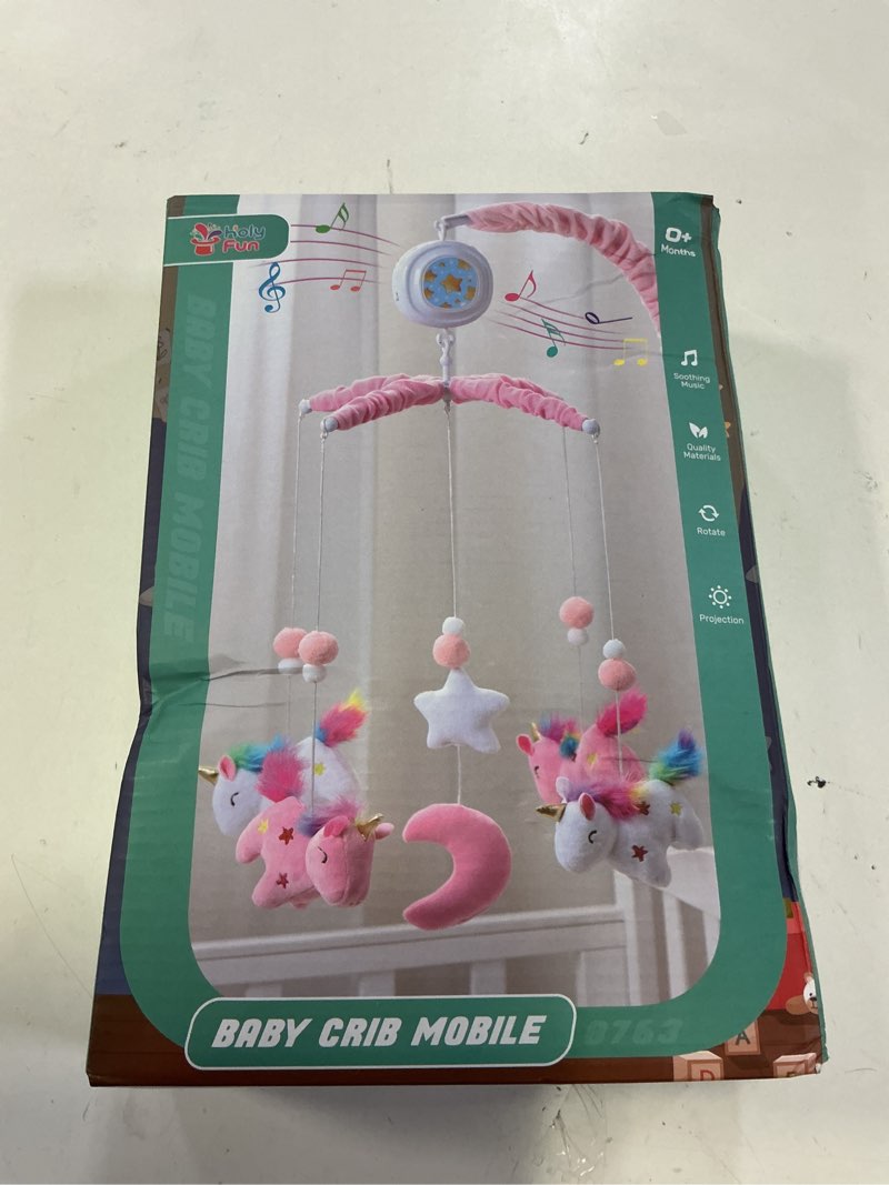 Condition photo showing New/Like New for unicorn baby crib mobile for girls with music box (100+ lullabies), rotating plush crib toys for newborns, infant, baby shower gift