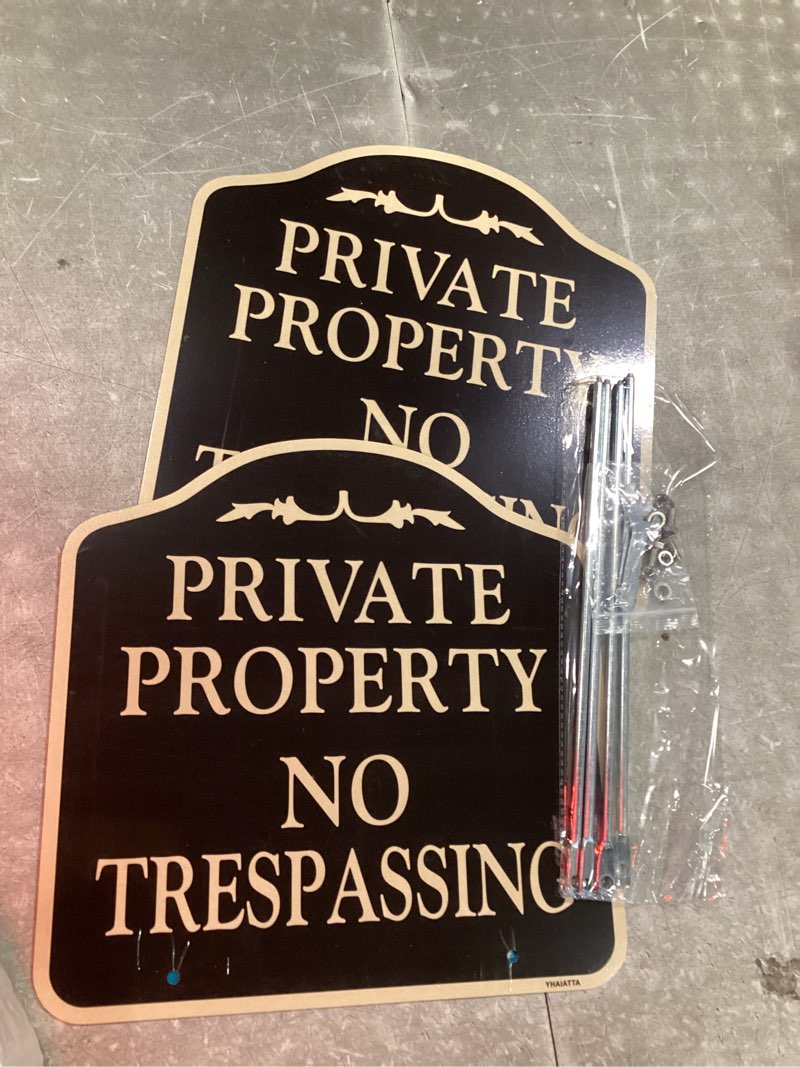 Condition photo showing As Is for 2 pack large no trespassing signs private property | metal, aluminum, includes metal yard stakes for easy installation, 12x12 inches
