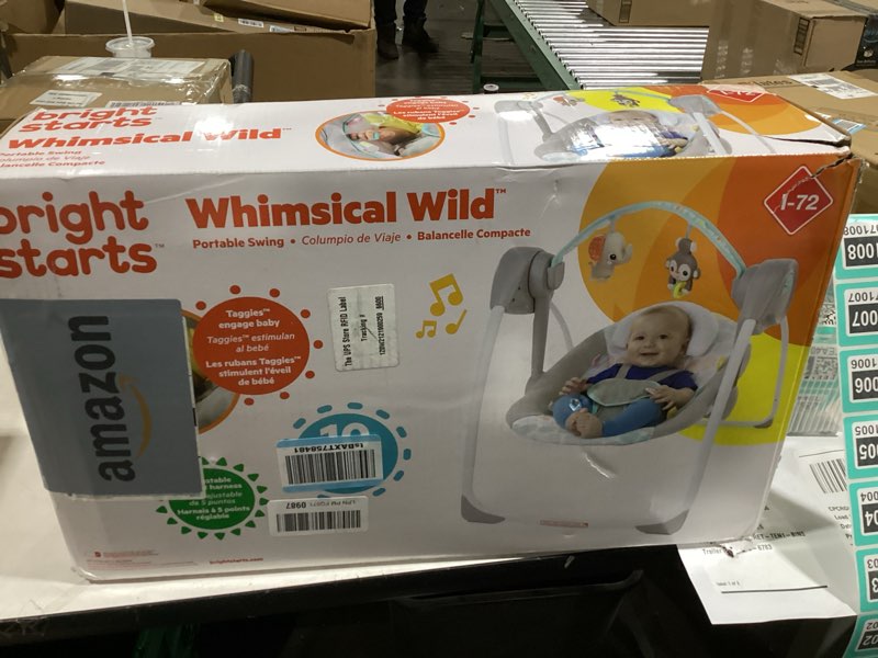 Condition photo showing New/Like New for Bright Starts Portable Automatic 6-Speed Baby Swing with Adaptable Speed, Taggies, Music, Removable-Toy-Bar, 0-9 Months 6-20 lbs (Whimsical Wild)