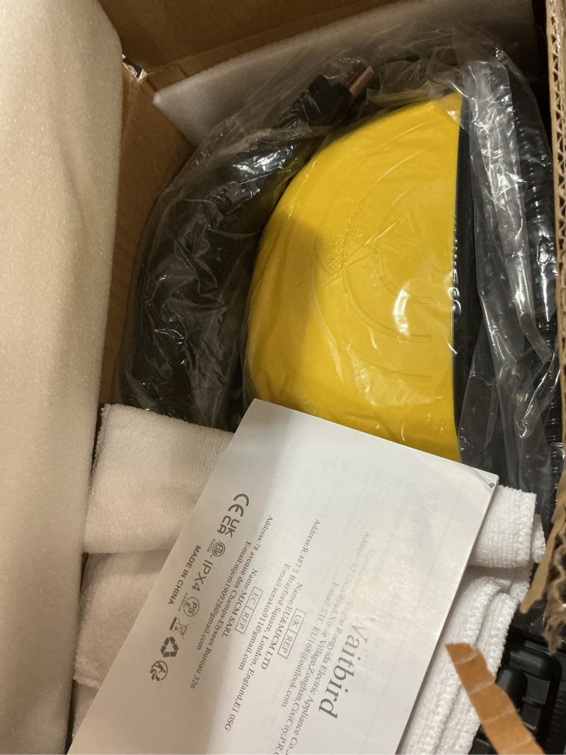 Condition photo showing New/Like New for waitbird steam cleaner, steam cleaner for home, handheld steamer for cleaning with 21 accessories, 248 °f high temperature, suitable for grout, floor. sofas, upholstery, carpets yellow