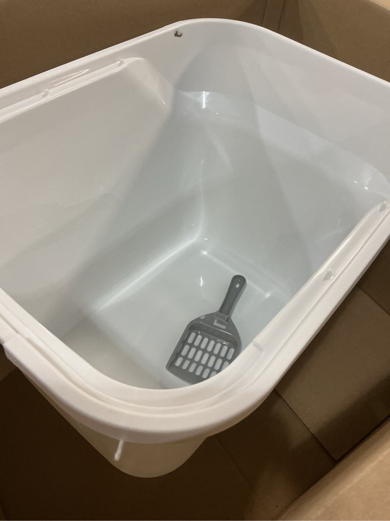 Condition photo showing As Is for (incomplete, missing lid)iris usa cat litter box large top entry with lid, enclosed litter box with litter catching lid & scoop, covered cat litter box enclosure for privacy, high sided, white/gray rectangular white w/ scoop
