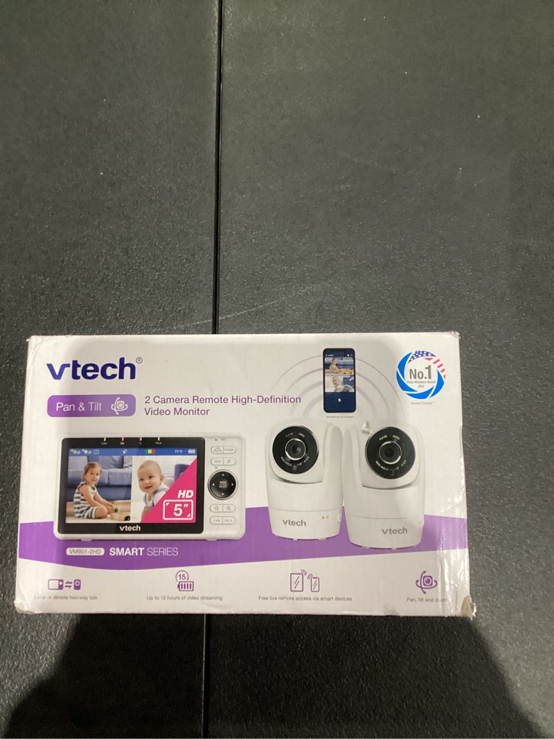 Condition photo showing As Is for VTech 2-Cameras Smart WiFi Baby Monitor with 1080p FHD Camera and 5" HD IPS Screen, Free App with Motion Video, Sound/Motion Detection and Notifications, Split-Screen, Pan-Tilt-Zoom: VM901-2HD