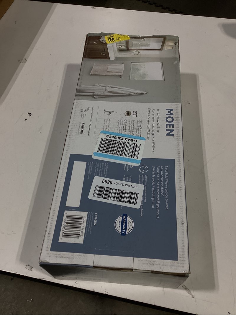Condition photo showing As Is for moen wellton 4-piece bathroom accessory collection, includes towel ring, robe hook, towel bar, and pivoting toilet paper holder, brushed nickel, y1394bn