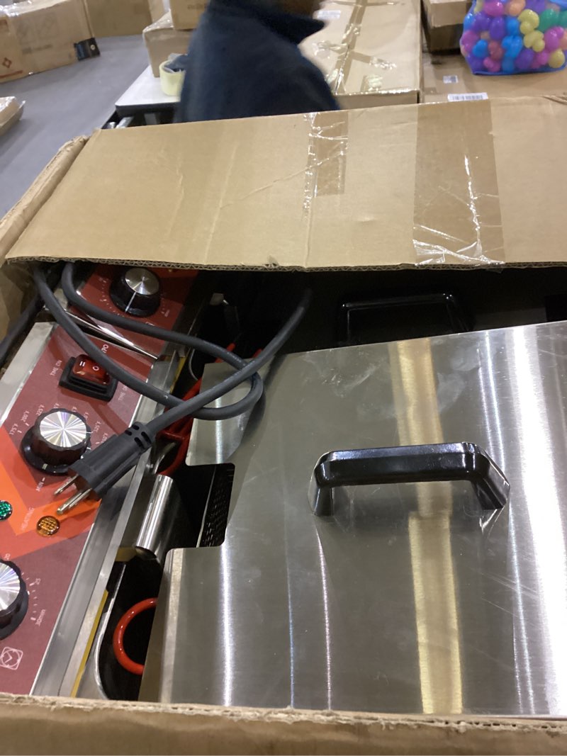 Condition photo showing As Is for EGGKITPO Commercial Fryer Stainless Steel Electric Deep Fryer with Oil Filtration and Timer 24L Large Capacity Dual Tank Fryer with Baskets and Lids Countertop Deep Fryer for Restaurant Use 120V 3500W
