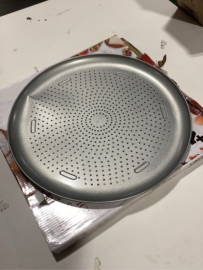 Condition photo showing As Is for bakken 16 inch non-stick pizza pan 1 pack, round carbon steel pizza tray with perforated holes, pfoa
