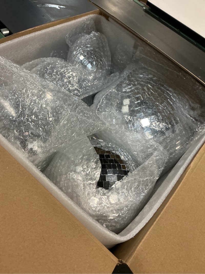 Condition photo showing New/Like New for 17 Pcs Disco Ball Decor: Mini Large Assorted Size Hanging Mirror Disco Ball Sets - Silver Party Ornaments for Stage Club Prom Props 70s Weddings Dance Music Birthday(12, 8, 6, 4, 3.2 Inch)