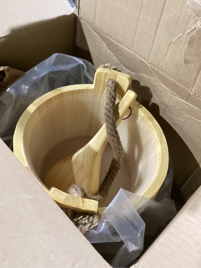 Condition photo showing New/Like New for wooden sauna bucket and ladle set, handmade from natural pine with rope handle, 4l 4l pine wood