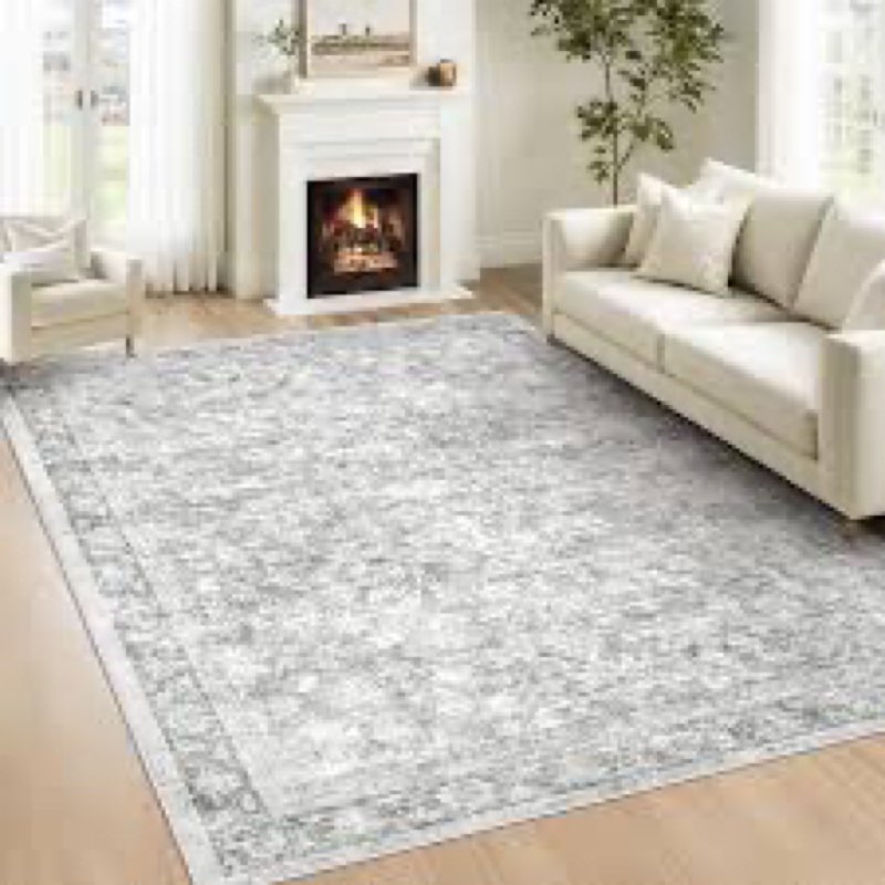 Large Washable 6x9 Area Rug, Grey Vintage Floral Rugs for Living Room, Non Slip Low Pile Carpet for 