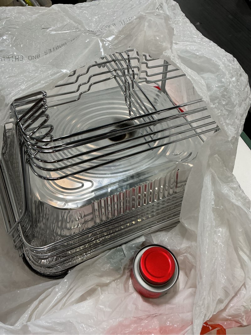 Condition photo showing As Is for alpha living 6 pack - disposable chafing dish buffet set, half size pans, welded body food warmers for parties, fuel cans complete set, warming trays complete kit (with racks)