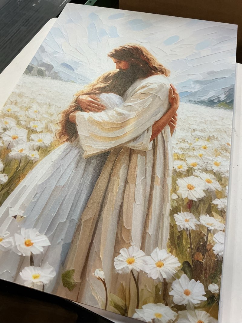 Condition photo showing Good Condition for Frame Jesus Hugging Girl Canvas Wall Art Jesus and Woman Wall Decor Pictures Modern Christian Healing Embrace Mormon Prints Posters for Hallway Bathroom Dining Living Room Kitchen Wall Bedroom Decoration 24x36in 24x36in canvas