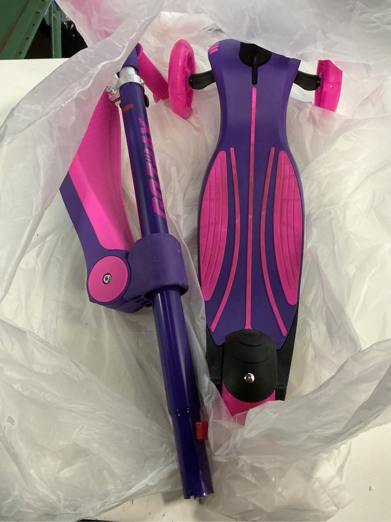 Condition photo showing As Is for gotrax ks3 kids kick scooter, led lighted wheels, adjustable height handlebars and removable seat, lean-to-steer & widen anti-slip deck, 3 wheel scooter for kids ages 2-8 and up to 110 lbs purple with seat
