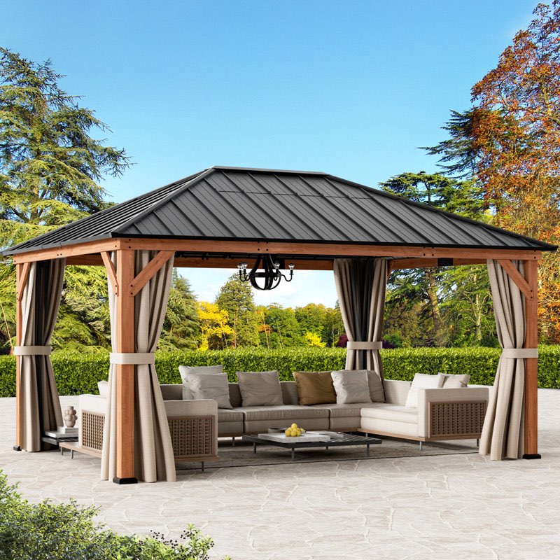 woodstock12 ft. x 16 ft. premium cedar wood framed hard top patio gazebo with galvanized iron roof, mosquito netting and privacy curtains