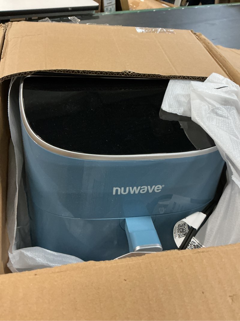 Condition photo showing As Is for nuwave brio plus air fryer 8 qt, new & improved, pfas-free, 7 digital one-touch cook functions that air fry, bake, roast, dehydrate, toast, reheat, preheat, 150 presets, 50°f~400°f (cozy blue) 8 quart cozy blue