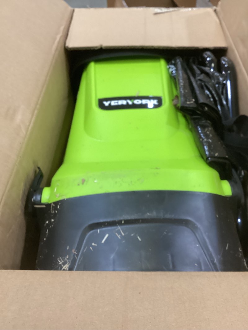 Condition photo showing As Is for wood chipper, 15-amp 1.8" cutting diameter electric wood chipper & shredder with 50l collection bag, efficient mulcher for easy cleanup and ideal for yard waste, branches, and leaves