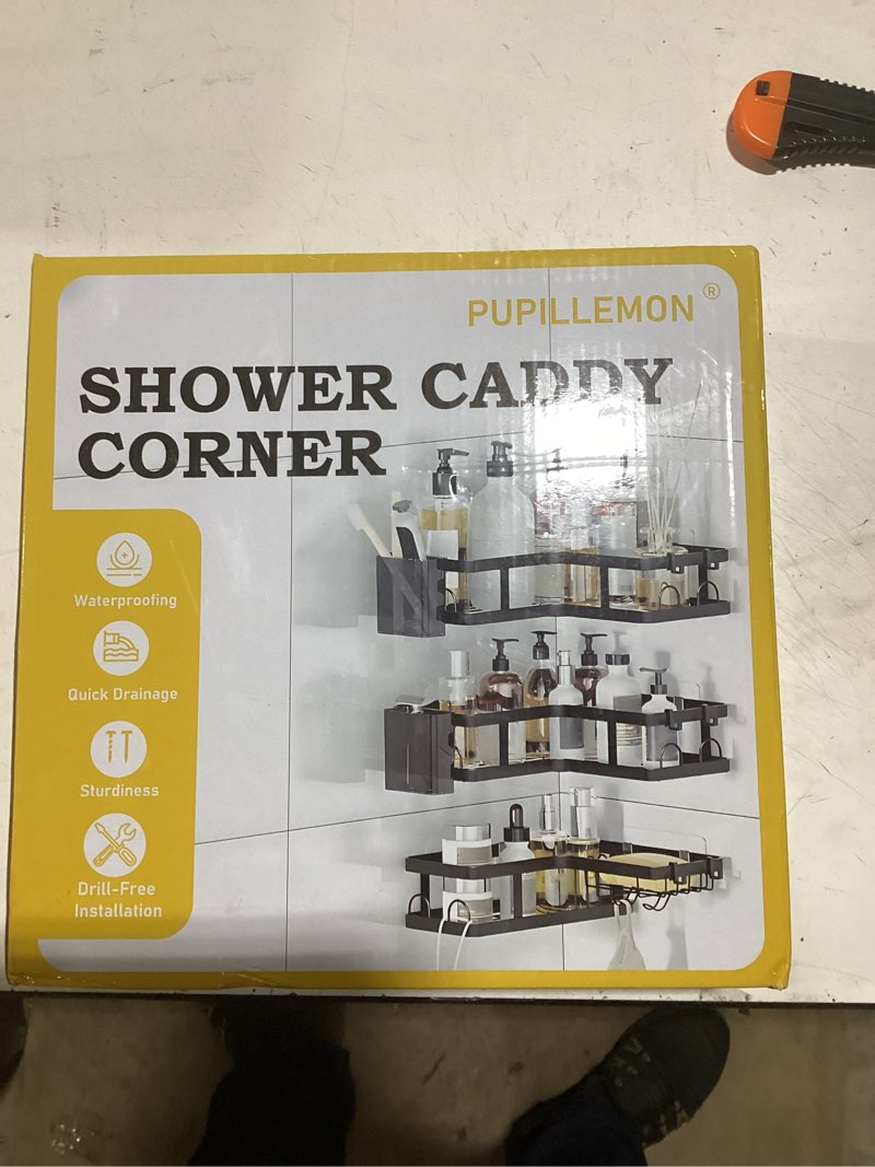 Condition photo showing New/Like New for 3 pack corner shower caddy organizer, rustproof corner shower shelves, no drilling bathroom corner shelf with hooks and toothpaste holder black