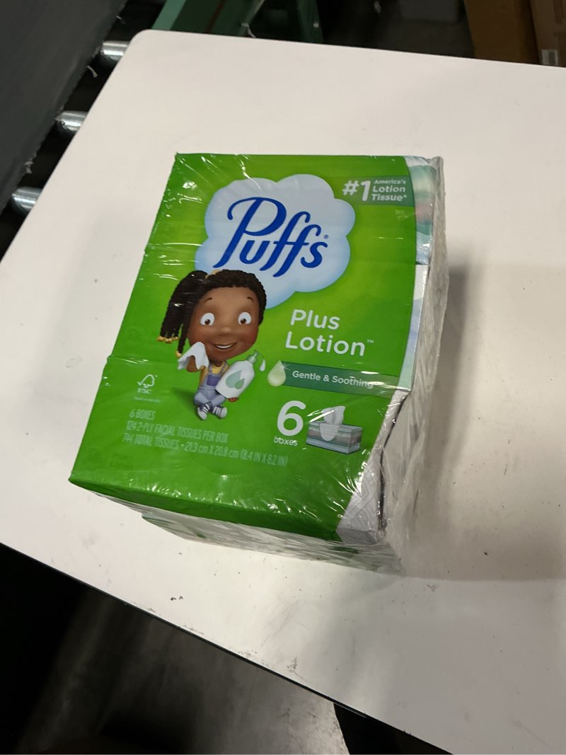Condition photo showing New/Like New for puffs facial tissue plus lotion, 6 mega cube boxes