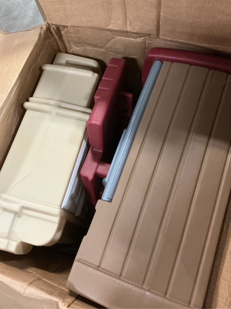 Condition photo showing Good Condition for one half only step2 grand walk-in kitchen & grill kids playset, indoor/outdoor kitchenette, interactive play with lights and sounds, durable plastic, 103 piece toy accessories, toddlers 2+ years old, brown/tan brown & tan large