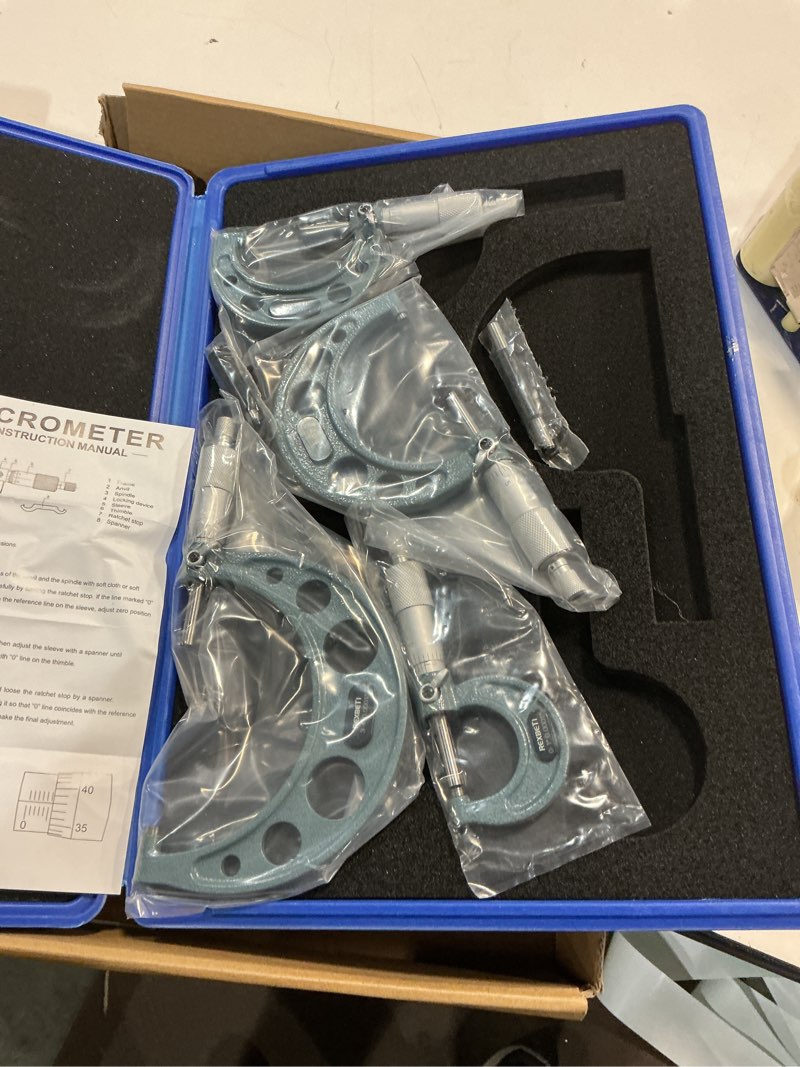 Condition photo showing Good Condition for rexbeti 4pcs outside micrometer set, 0-4" machinist micrometer, ultra-precision carbide tipped measuring tool set, 0.001" graduation, +/-0.0001" accuracy, protective case 4pcs 0-4" outside micrometer set