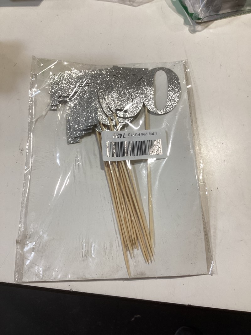 Condition photo showing New/Like New for 12 pack silver 70th birthday anniversary centerpiece sticks, glitter 70th birthday party decorations, number 70 table toppers for 70th birthday wedding anniversary party table decorations