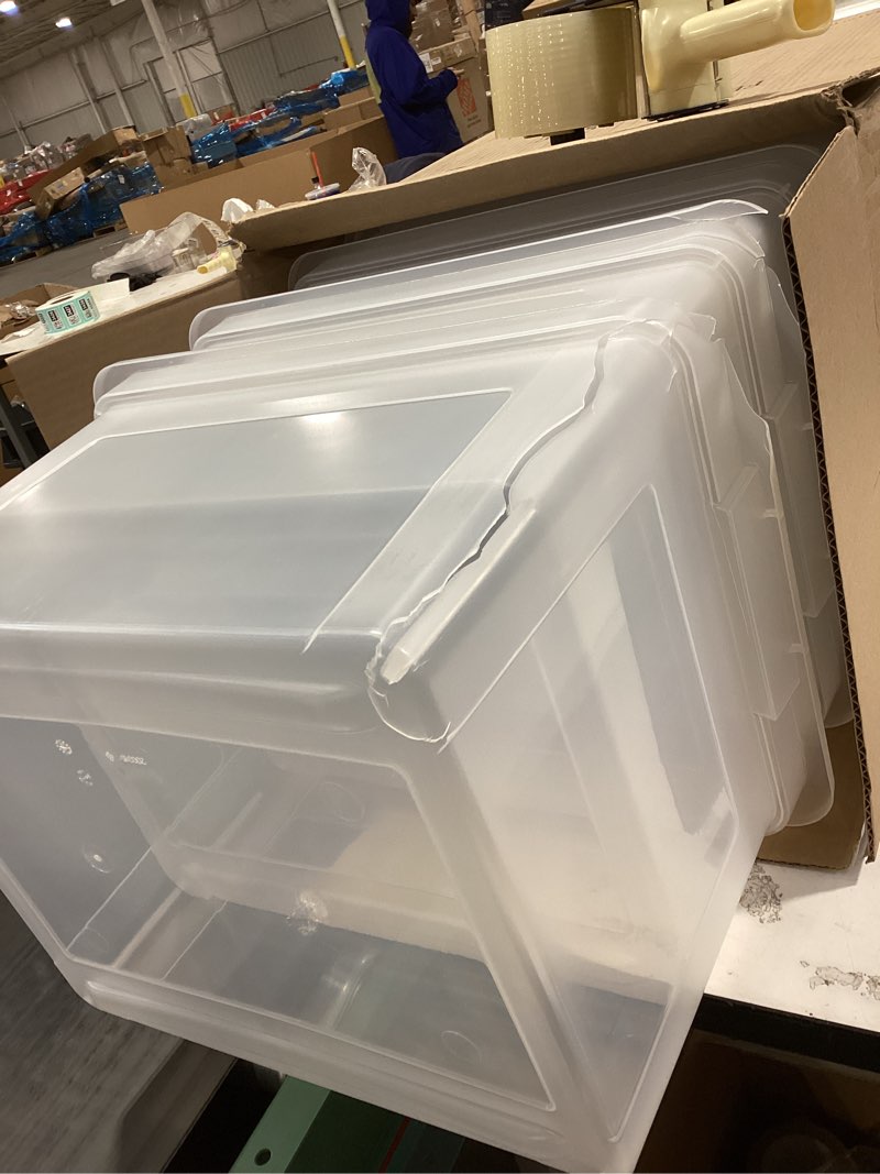 Condition photo showing As Is for IRIS USA File Box, Plastic File Organizer with Lids for Letter/Legal File, Portable Document Box For Moving, Storage Bin with Durable and Secure Lid, Stackable Nestable BPA-Free, Clear 35 Qt. 4 Pack Clear - 4 Pack