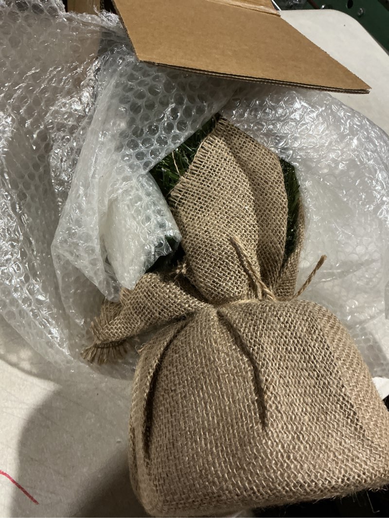 Condition photo showing Good Condition for National Tree Company 2 ft Pre-Lit Flocked Mini Artificial Christmas Tree, 50 Clear LED Lights, 75 Tips, Pinecones, Burlap Base, Timer, Green