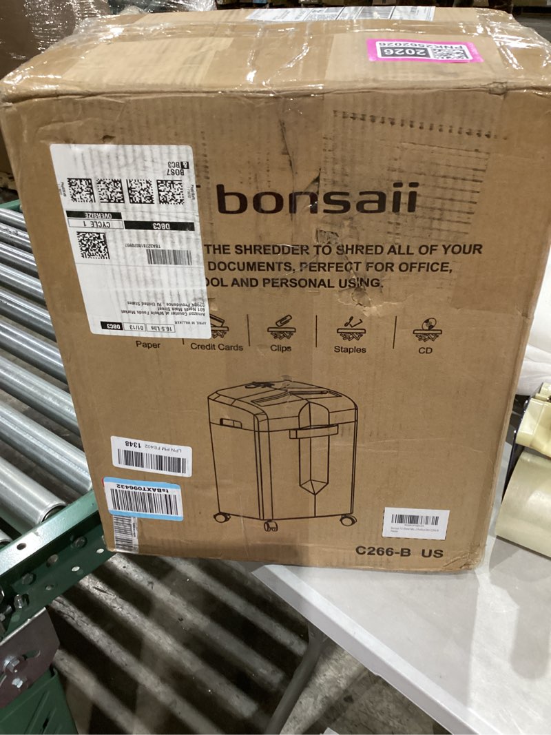 Condition photo showing New/Like New for Bonsaii 12-Sheet Micro Cut Shredders for Home Office, 60 Minute P-4 Security Level Paper Shredder for CD, Credit Card, Mails, Staple, Clip, with Jam-Proof System & 4.2 Gal Pullout Bin C266-B 12 Sheet-6 0Mins