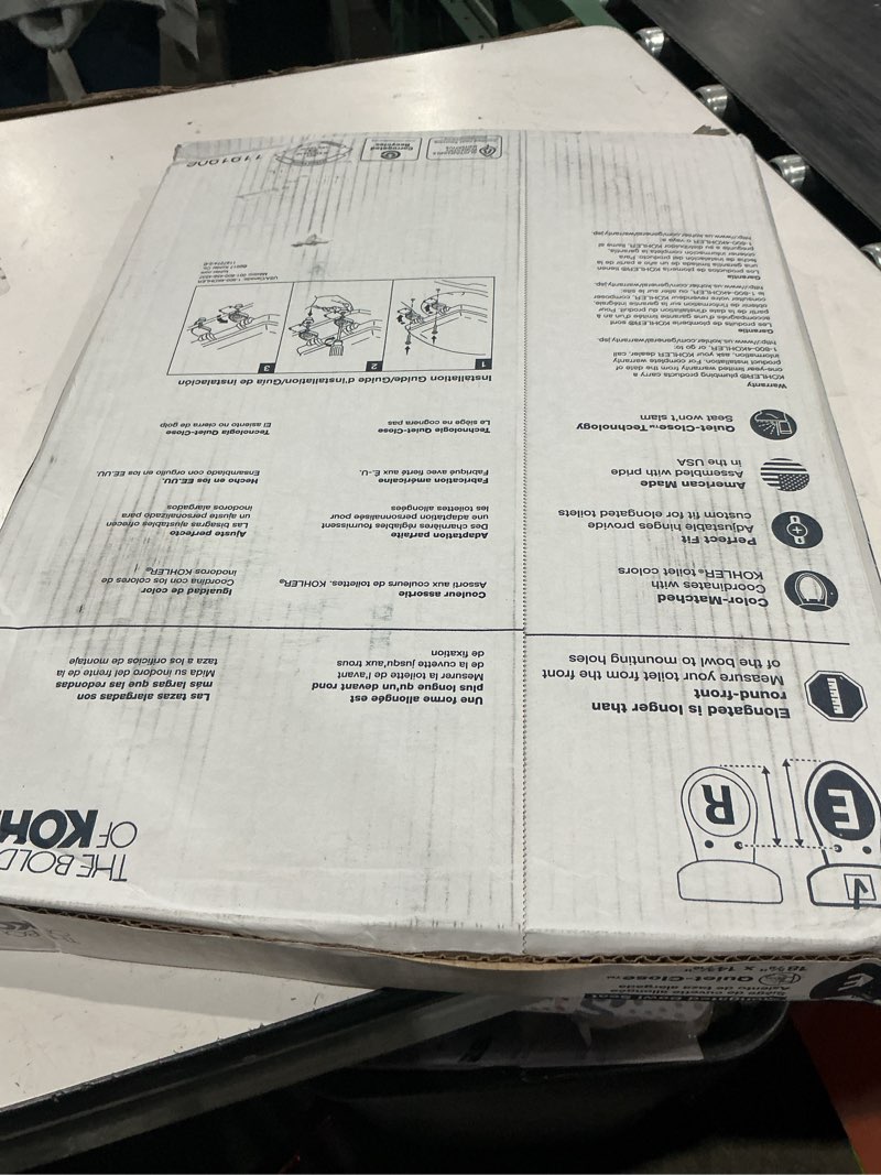 Condition photo showing New/Like New for kohler 20454-96 ridgewood elongated soft close toilet seat, quiet close, wood toilet seat, home essentials, biscuit biscuit toilet seat