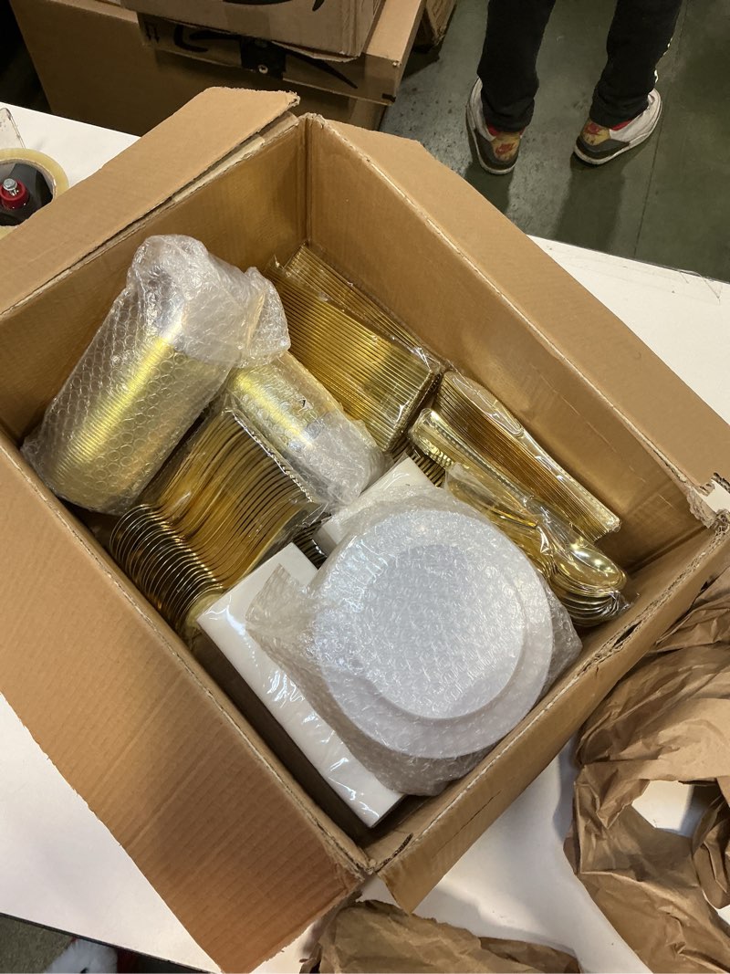 Condition photo showing New/Like New for N9R 700PCS Gold Disposable Dinnerware Set for 100 Guests, White Plastic Plates with Gold Rim, Include 100 Dinner & Dessert Plates, Plastic Silverware Set, Cups, Napkins for Party and Wedding