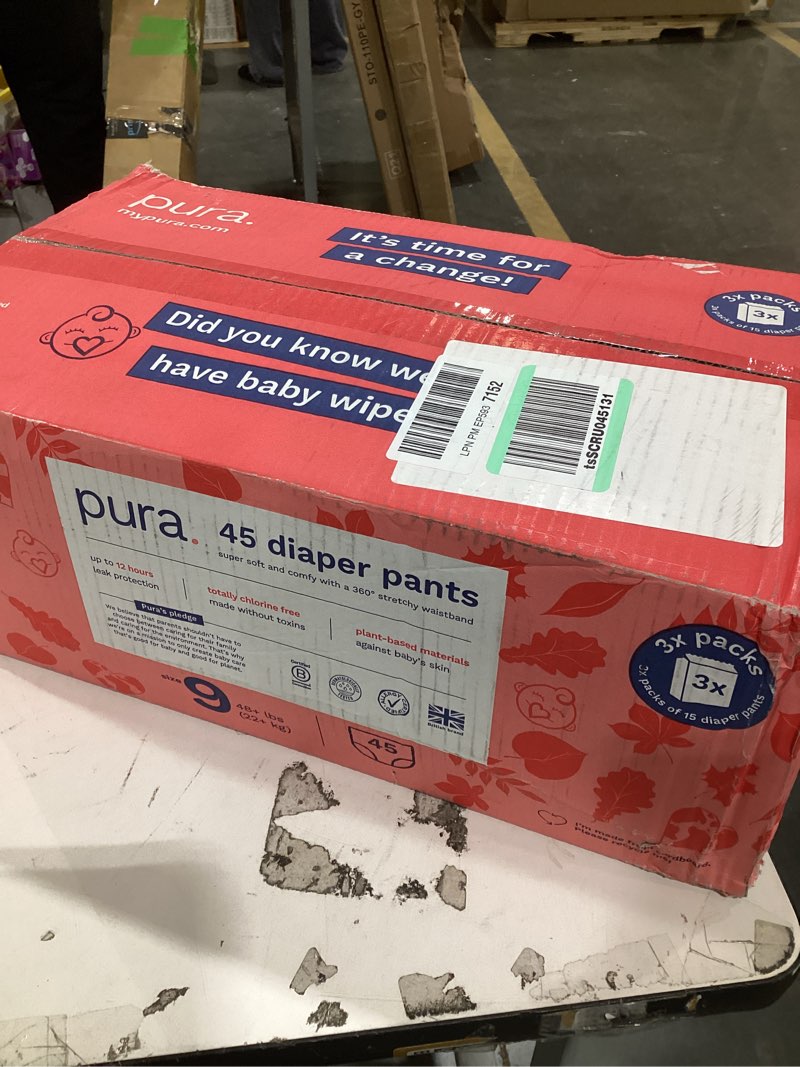 Condition photo showing New/Like New for Pura Hypoallergenic Diaper Pants Size 9 (48+ lbs) Overnight, up to 12 Hours Leak Protection, Suitable for Sensitive Skin, Totally Chlorine Free, Soft Organic Cotton, 3 Packs of 15 (45 Pull Up Pants) Size 9 45