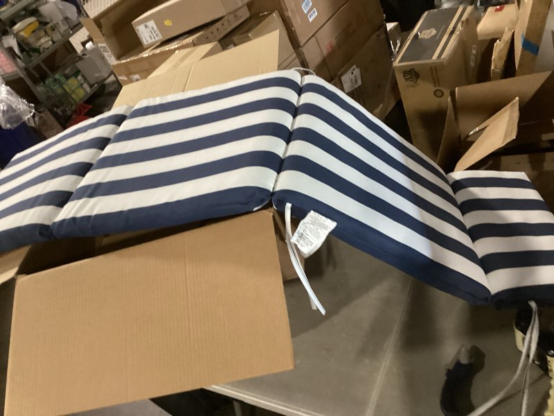 Condition photo showing Good Condition for arden outdoor chaise cushion, 21 in x 72 in, weather-proof, rain-proof, fade resistant patio cushion for chaise lounger sapphire blue cabana stripe 72" x 21" sapphire blue cabana stripe