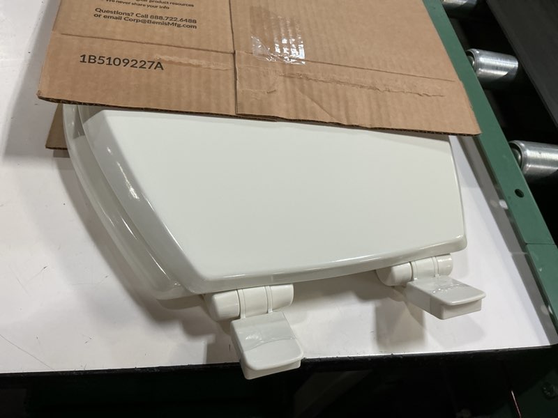 Condition photo showing As Is for mayfair cassel slow close toilet seat, easy clean, non slip premium wood seat, easy install, made in usa, round, biscuit seat round