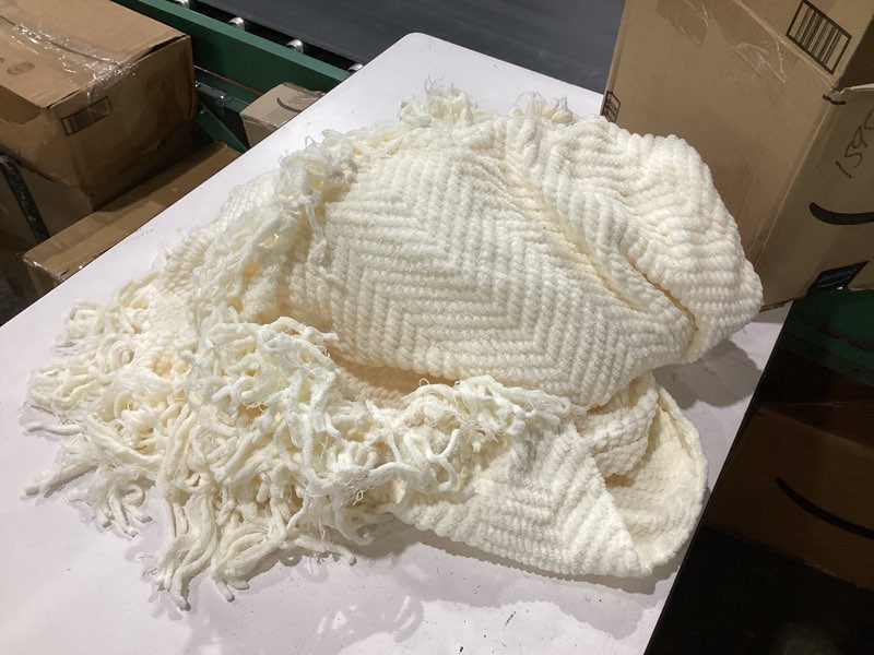 Condition photo showing Good Condition for battilo home cream ivory throw blanket for couch, 60"x80" | textured knitted throw blanket with tassels, couch cover blanket warm decorative white throw blankets for sofa living room cream 60"x80"