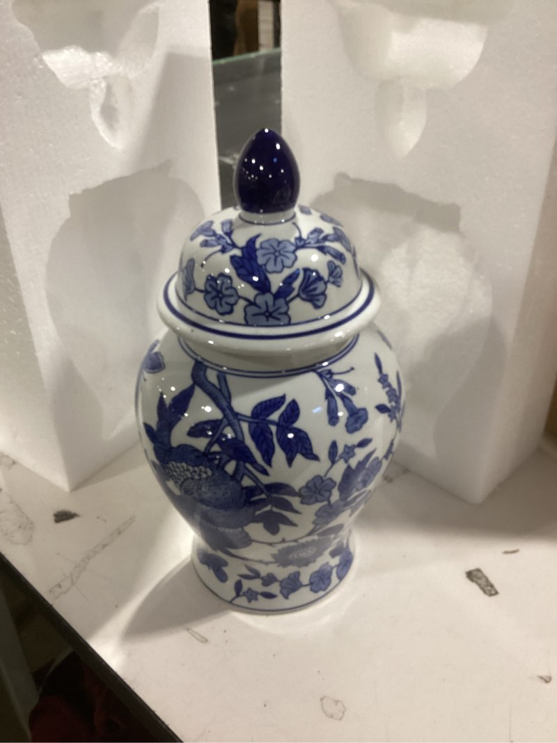 Condition photo showing Good Condition for Blue and White Vase Ginger Jar - 12" Chinoiserie Decor Large Ginger Jar Blue & White Porcelain Flower Ceramic Covered Jars with Lid Chinoiserie Decorative Vase for Home Room Office Centerpieces 12 Inch
