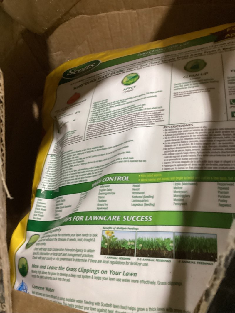 Condition photo showing New/Like New for scotts turf builder weed and feed3 - weed killer plus lawn fertilizer, controls dandelion and clover, grass fertilizer for up to 15,000 sq. ft., 42.87 lbs.
