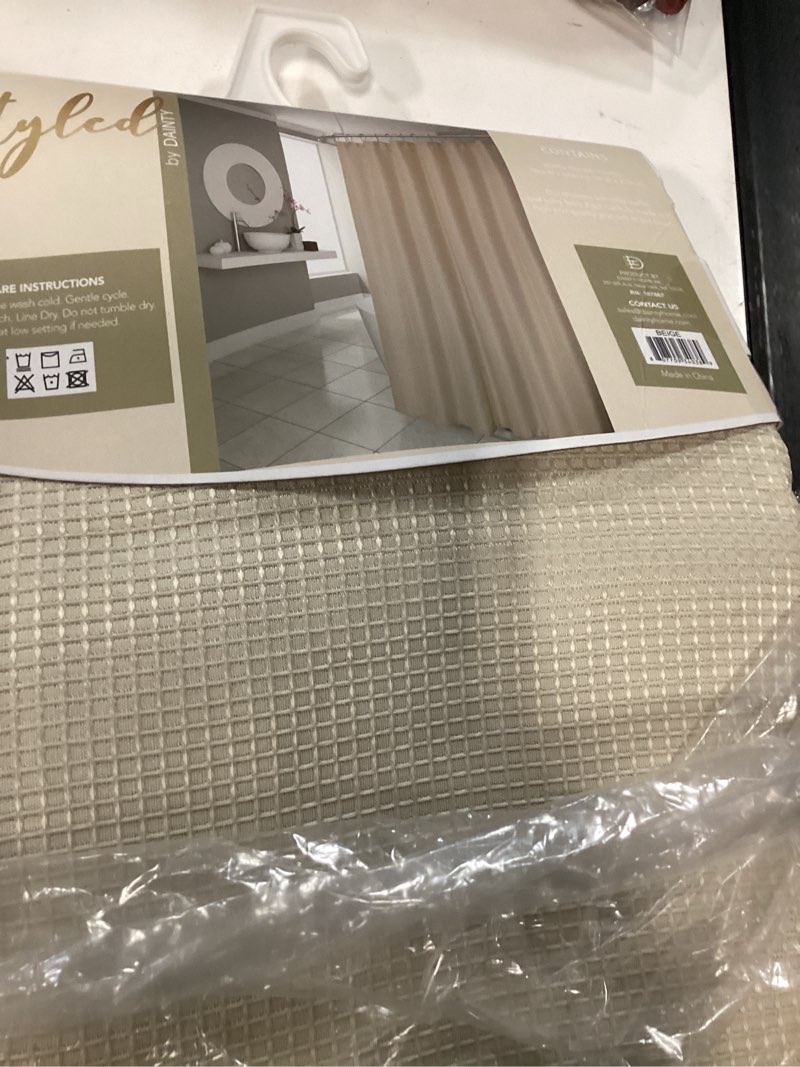 Condition photo showing New/Like New for dainty home hotel style waffle weave shower curtain, textured fabric shower curtain, water resistant polyester with stitched hook holes, machine washable bathroom curtain, 72 x 70 inch