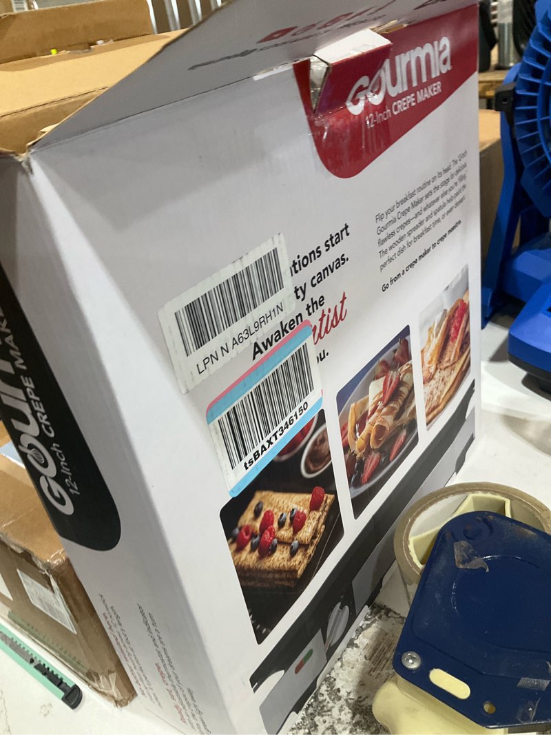 Condition photo showing Good Condition for gourmia 12” crepe maker – nonstick electric griddle for pancakes, omelets & more, precise temp control with indicator lights, includes spatula & batter spreader, quick cleanup, stainless steel trim