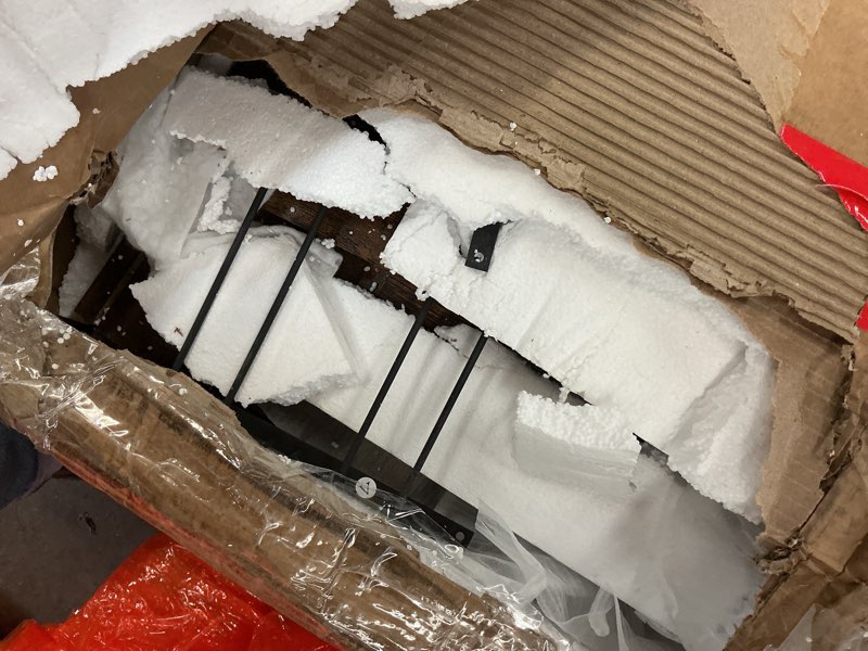 Condition photo showing As Is for IDEALHOUSE 72" Modern Farmhouse Coffee Bar Cabinet with LED Lights & Power Outlets, Sliding Barn Doors, Rustic Brown Kitchen Buffet with Wine Storage, Ample Storage for Home Bar, Microwave