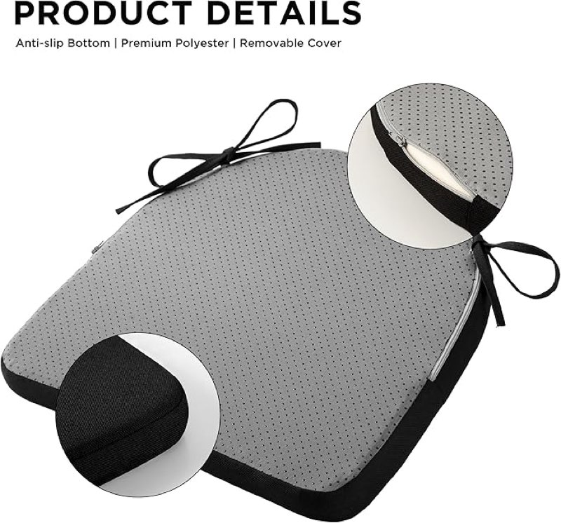 Chair Cushions for Dining Chairs, 1 Pack Non Slip Kitchen Chair Pad and Dining Seat Cushions with Ties and Removable Cover, 17 x 16.5 Inches, Black