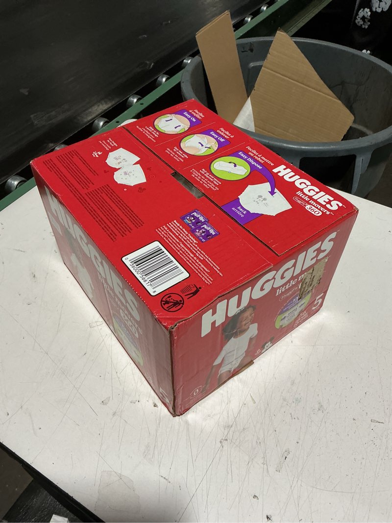 Condition photo showing New/Like New for huggies size 5 baby diapers, little movers huggfit 360° baby diapers with 360° waistband, size 5 (27+ lbs), 56 count, packaging may vary size 5 56