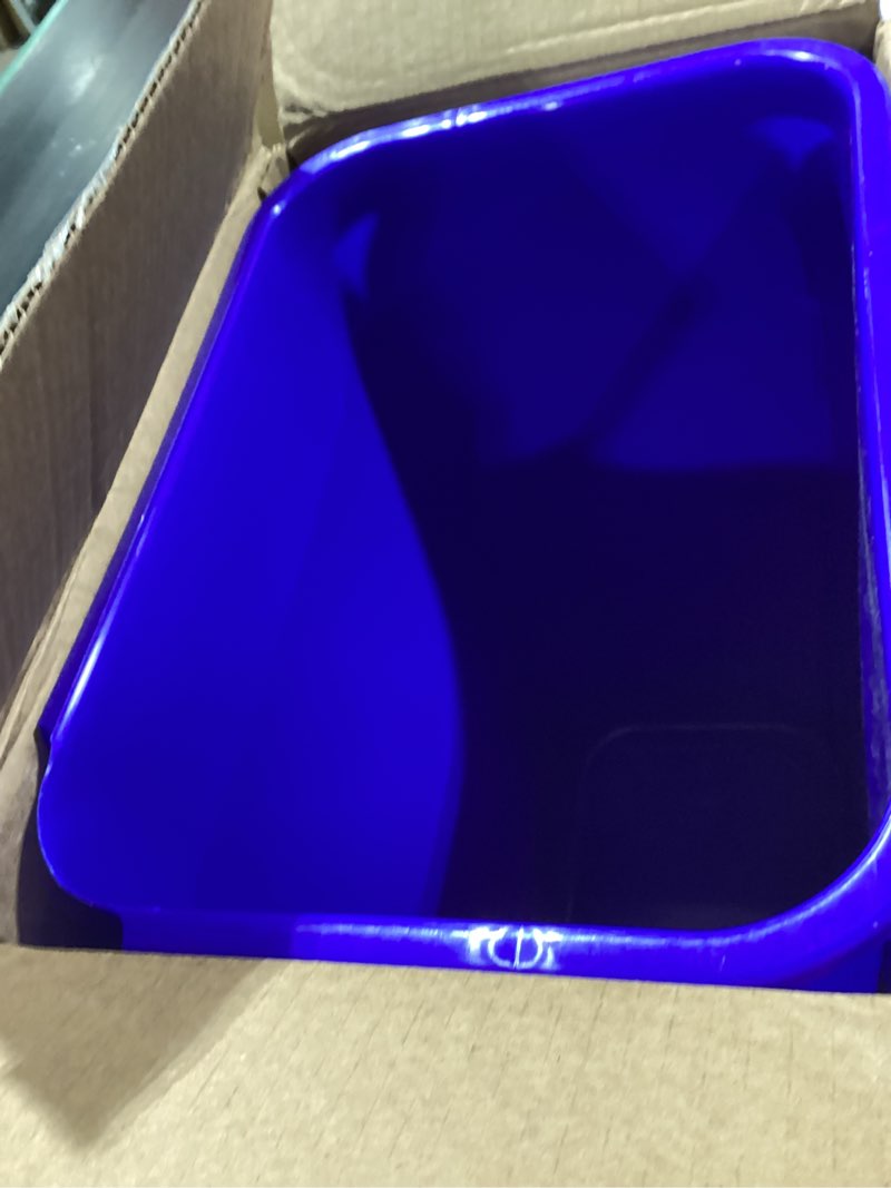 Condition photo showing As Is for amazon basics trash can, rectangular commercial office wastebasket, recycle logo, 10 gallon (pack of 1), blue blue 10 gallon (pack of 1)