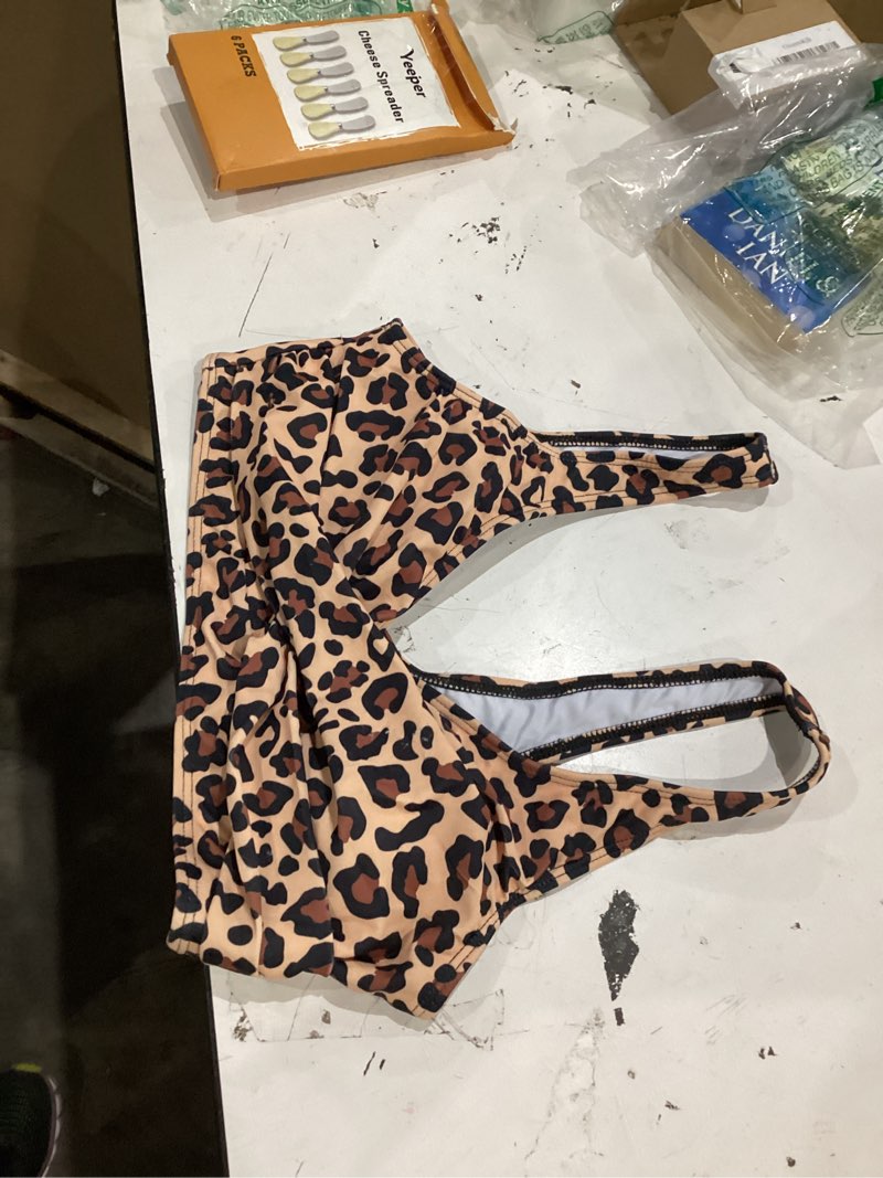 Condition photo showing Good Condition for women's twist front bikini top v neck push up padded swimsuit top bathing suits small 01- yellow leopard