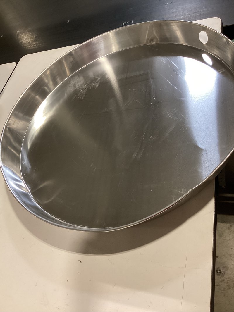 Condition photo showing As Is for everflow awhp24 aluminum water heater drain pan with 1 in. - 1-1/2 in. pvc fitting, 24 in. diameter chrome